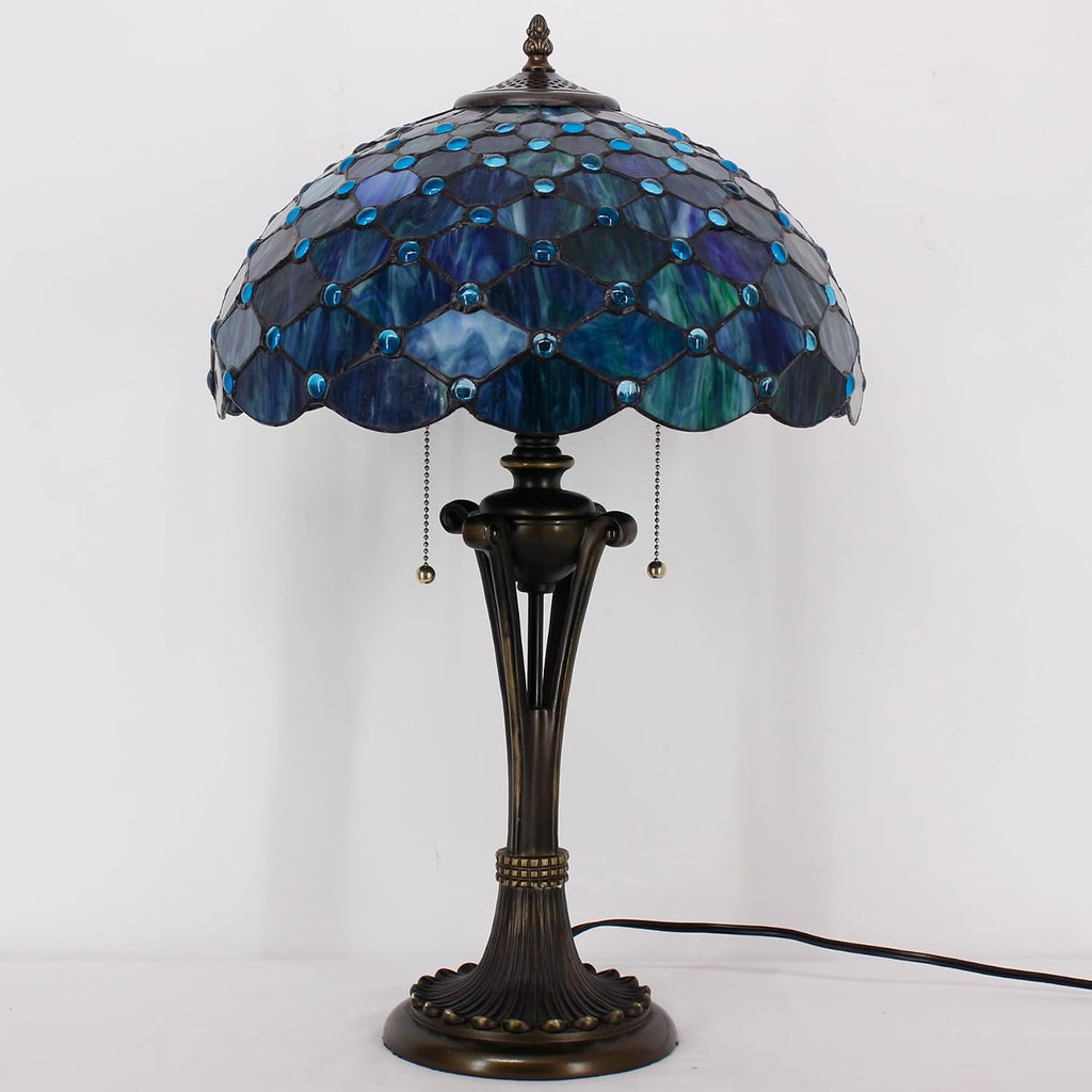 Large Tiffany Lamp Shade Replacement Only 16Inch Stained Glass Lampshade Fit For Table Lamps FLoor Lamp Ceiling Fixture Pendant Hanging Light Home Office Decoration (Blue Beads)