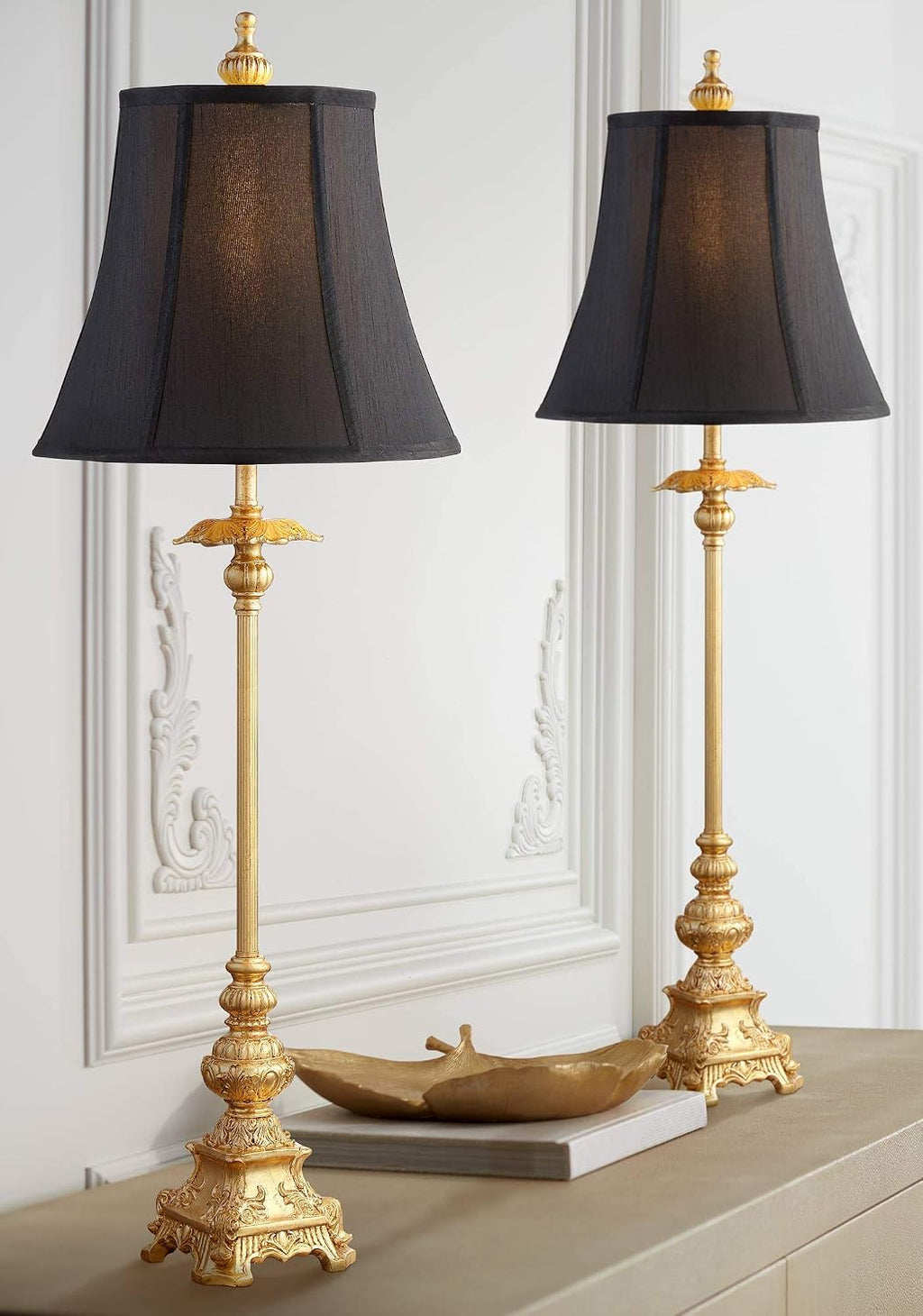Regency Hill Juliette Traditional French Country Buffet Table Lamps 36.5' Tall Skinny Set of 2 Glam Luxury Style Gold Candlestick Black Fabric Bell Shade for Living Room House Home Entryway