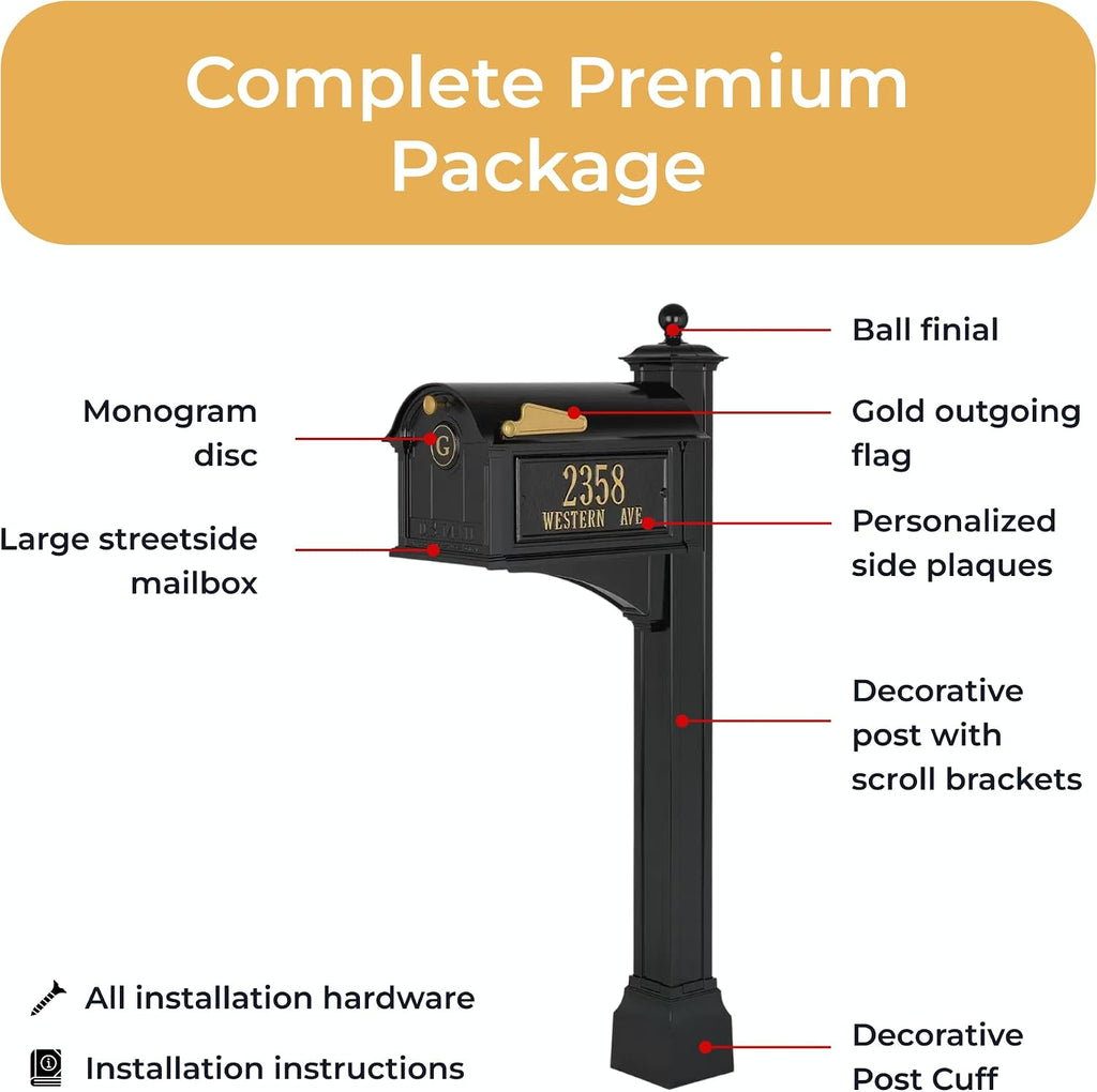 Whitehall Balmoral Monogram Mailbox with Post Black Oversized Cast Aluminum Mailbox Package with Personalized Side Plaques, Monogram Door & Weather-Resistant Deluxe Post