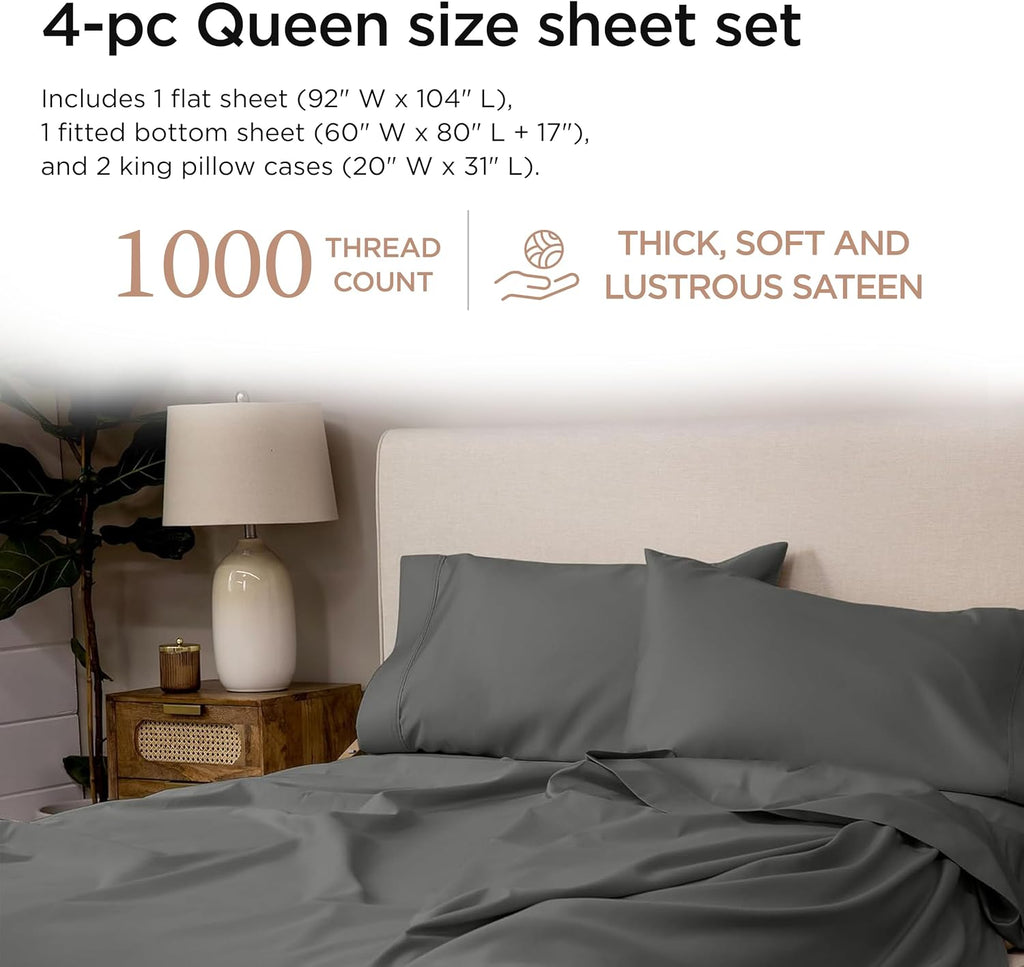 Threadmill Certified 100% American Supima Cotton Sheets, Queen Sheet Set, 1000 Thread Count, 4 Piece Luxury Bedding Set, Hotel Quality Sateen Weave, Dark Grey BedSheet with Elasticized Deep Pocket