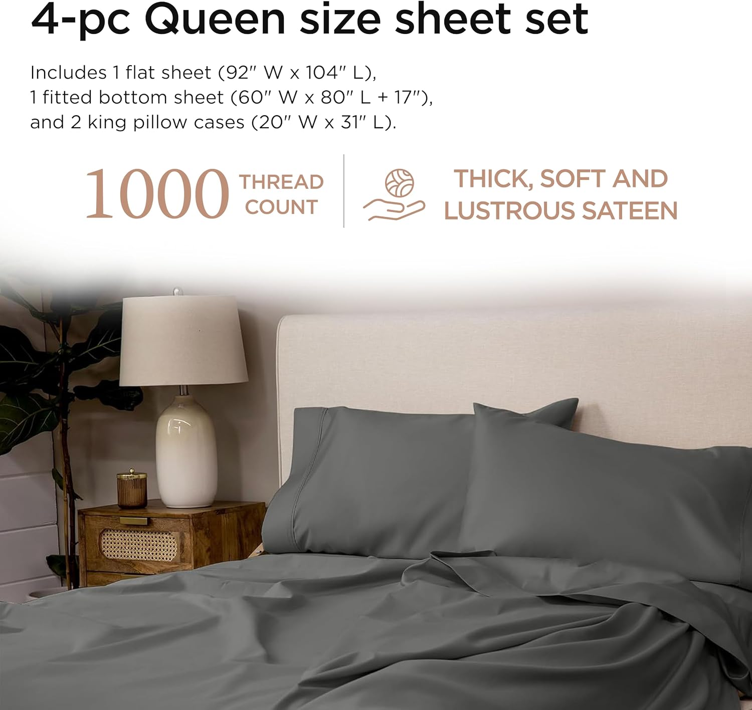 Threadmill Certified 100% American Supima Cotton Sheets, Queen Sheet Set, 1000 Thread Count, 4 Piece Luxury Bedding Set, Hotel Quality Sateen Weave, Dark Grey BedSheet with Elasticized Deep Pocket