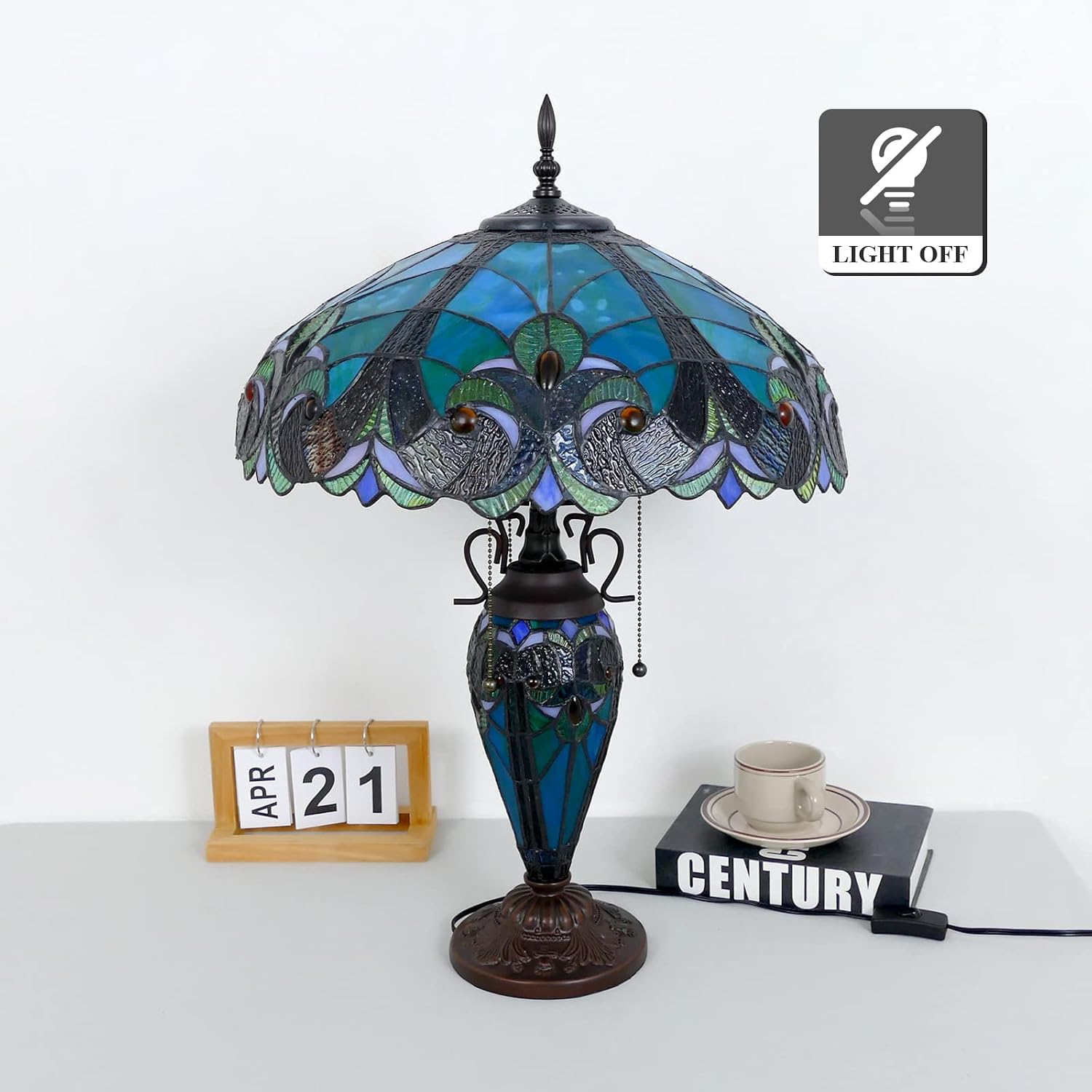 Tiffany Lamp Green Handmade Stained Glass Table Lamp Desk Light 18' Wide 24' Tall Vintage Tiffany Style Table Lamp for Bedroom Living Room Home Office, LED Bulb Included