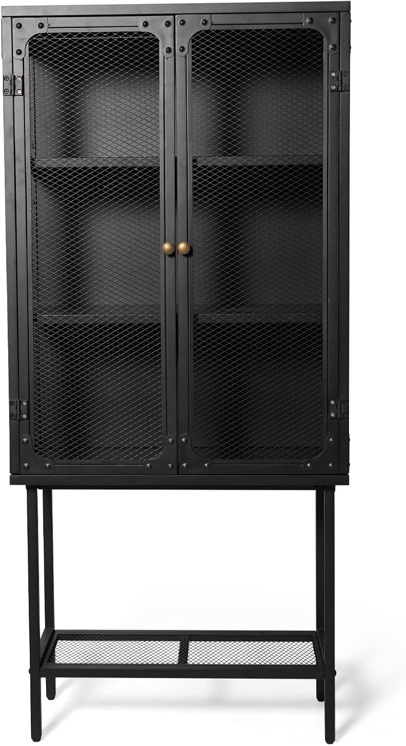 LOKKHAN Industrial Metal Display Cabinet, Black Mesh Door Storage Unit with Retro Handles, 59.1 x 27 x 12.6 Inch Tall Standing Shelving, Magnetic Holders, Adjustable Feet
