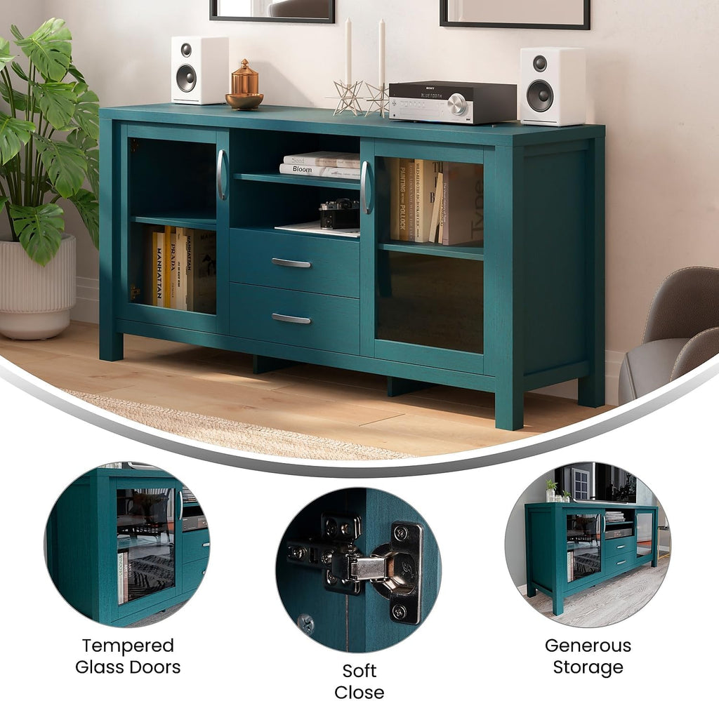 Flash Furniture Dion Modern Buffet Sideboard Storage Cabinet, Engineered Wood Construction, 2 Tempered Glass Soft Close Doors, 2 Drawers, Open Shelf, 59', Teal