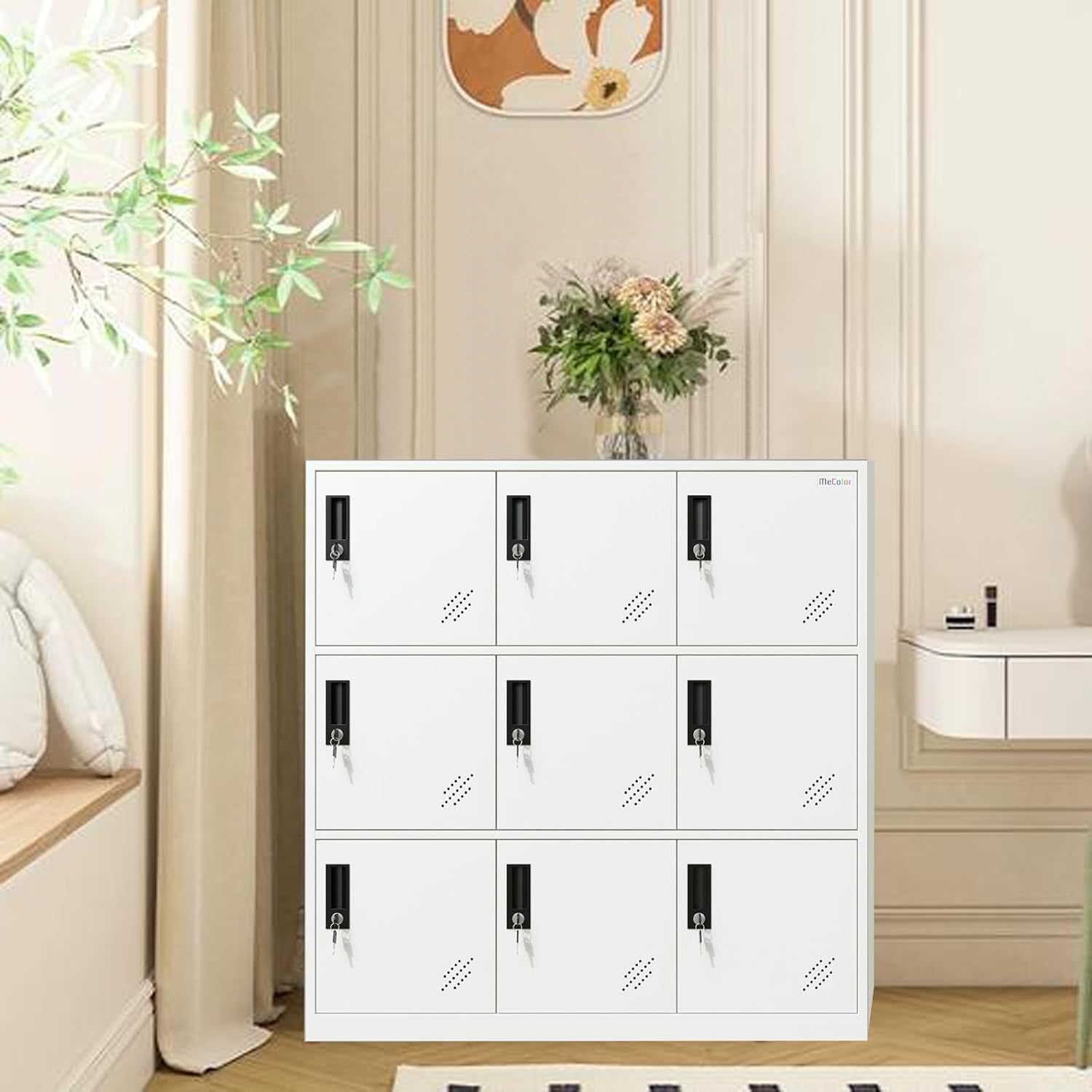 MECOLOR- Living Room Storage Cabinet with 9 Doors, Office Filing Storage Cabinet Locker with Organizers, H 36.4' Full White Steel cabinets (9D, Full White)
