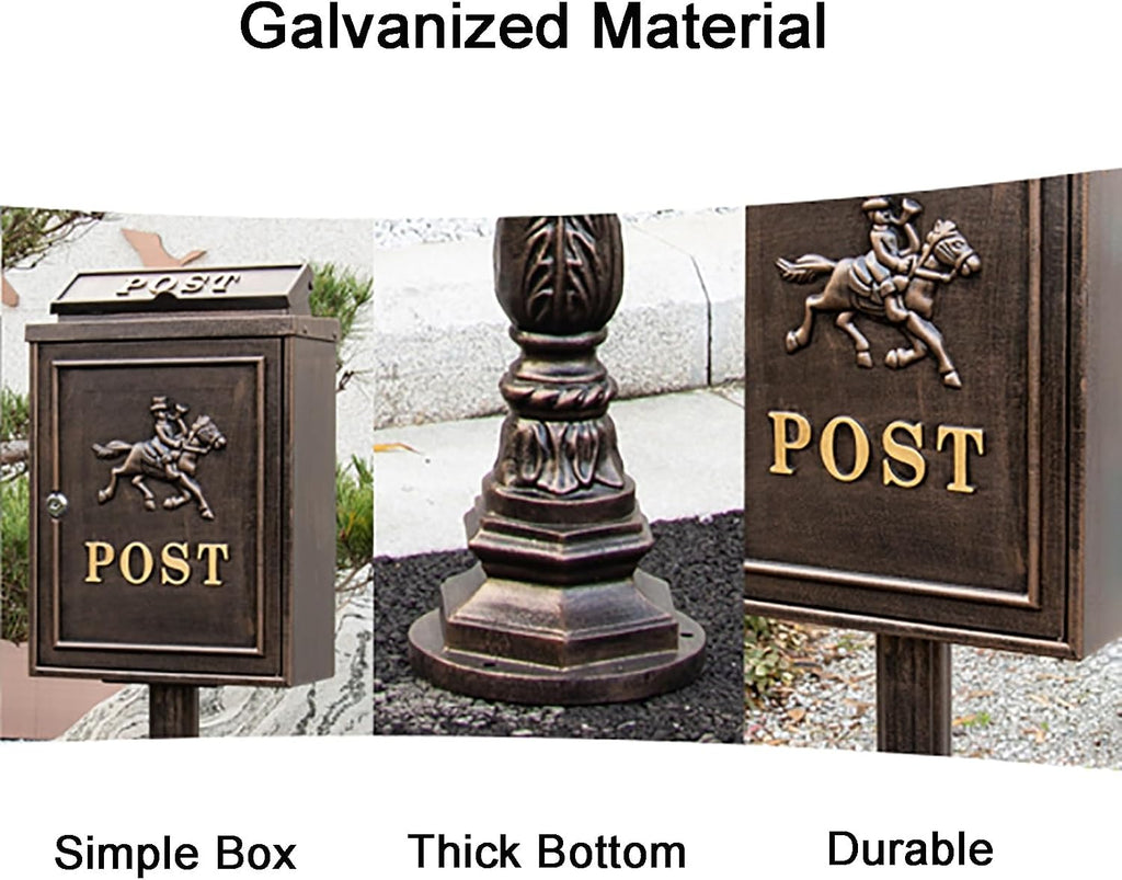Mailboxes for Outside, Cast Aluminum Mailbox with Post, Heavy Duty Metal Mailbox with 2 Keys, for Home, Garden, Office(Brass)
