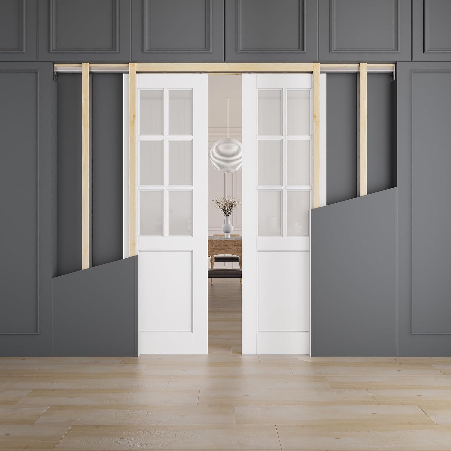 All-Inclusive Soft-Close Sliding Pocket Door 48' x 80' (Double 24' x 80') 6-Lite Frosted Glass Sliding Doors with Frame & Hardware Kit, Pocket Interior Doors for Home, White Primed
