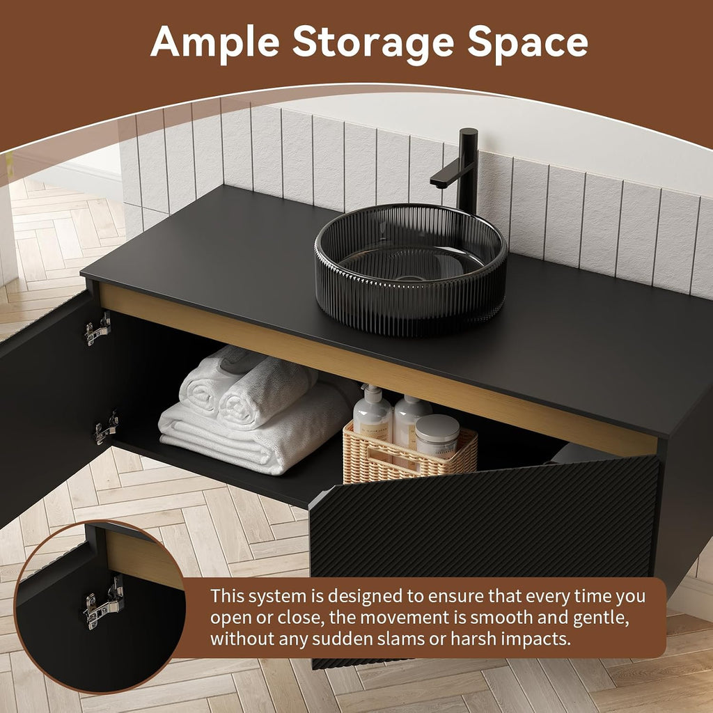 48 Inch Bathroom Vanity with Sink, Floating Fluted Vanity with Vessel Sink, Modern Wall Mounted Bathroom Vanity Cabinet with 2 Doors, Glass Vessel Sink & Sintered Stone Top, Black