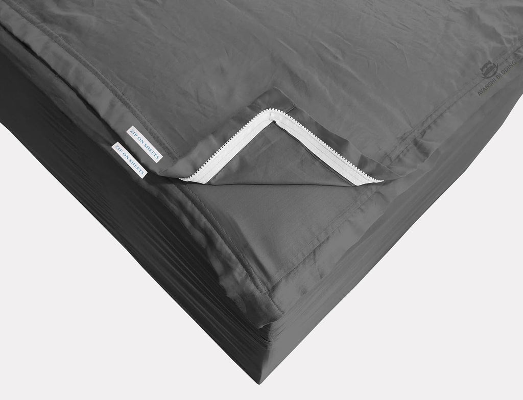 Cotton Zip On Fitted Sheet Queen - 2 Zip Sheets & 1 Fitted Sheet - Upto 16' Inch Deep Pocket Queen Size Zipper Fitted Sheets - Soft & Luxury 600 TC 100% Cotton - Dark Grey