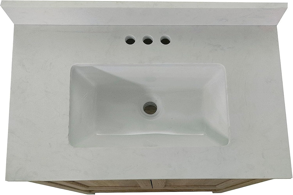 Flash Furniture Vega 30 Inch Bathroom Vanity with Sink Combo, Storage Cabinet with Soft Close Doors and Open Shelf, Carrara Marble Finish Countertop, Brown/White