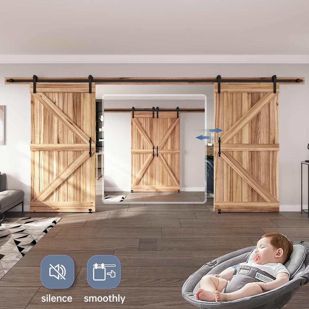 EaseLife 16 FT Double Sliding Barn Door Track and Handle Hardware Kit, Straight Pulley,Slide Smoothly Quietly,Easy Install (16FT Track Kit for 44'~48' Wide Double Door)