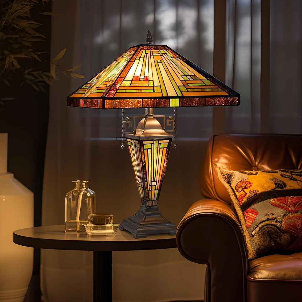 Capulina Tiffany Lamp Stained Glass Table Lamp 16X16X24 Inches Mother-Daughter Vase Amber Brown Mission Tiffany Style Desk Reading Lamp for Living Room Bedroom Study Home Office