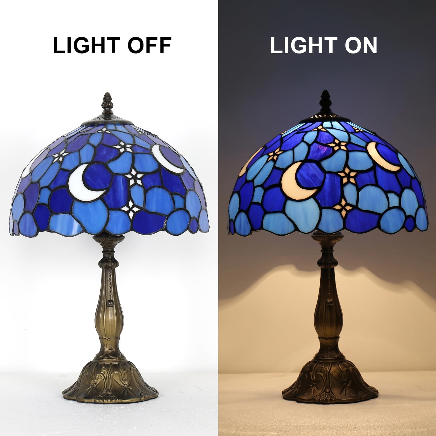 Tiffany Style Table Lamp,Stained Glass Moon Table Lamp,12X12X19 Inch Tiffany Reading Light, Antique Glass Desk Decor Lamp.
