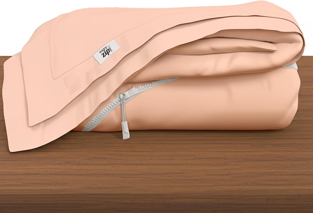 COTTON STICH 600 TC Zipper Fitted Sheet, 100% Egyptian Cotton, 18' Deep Pocket, Easy Zip Change, All-Around Secure Fit - Queen Size Bed - Blush