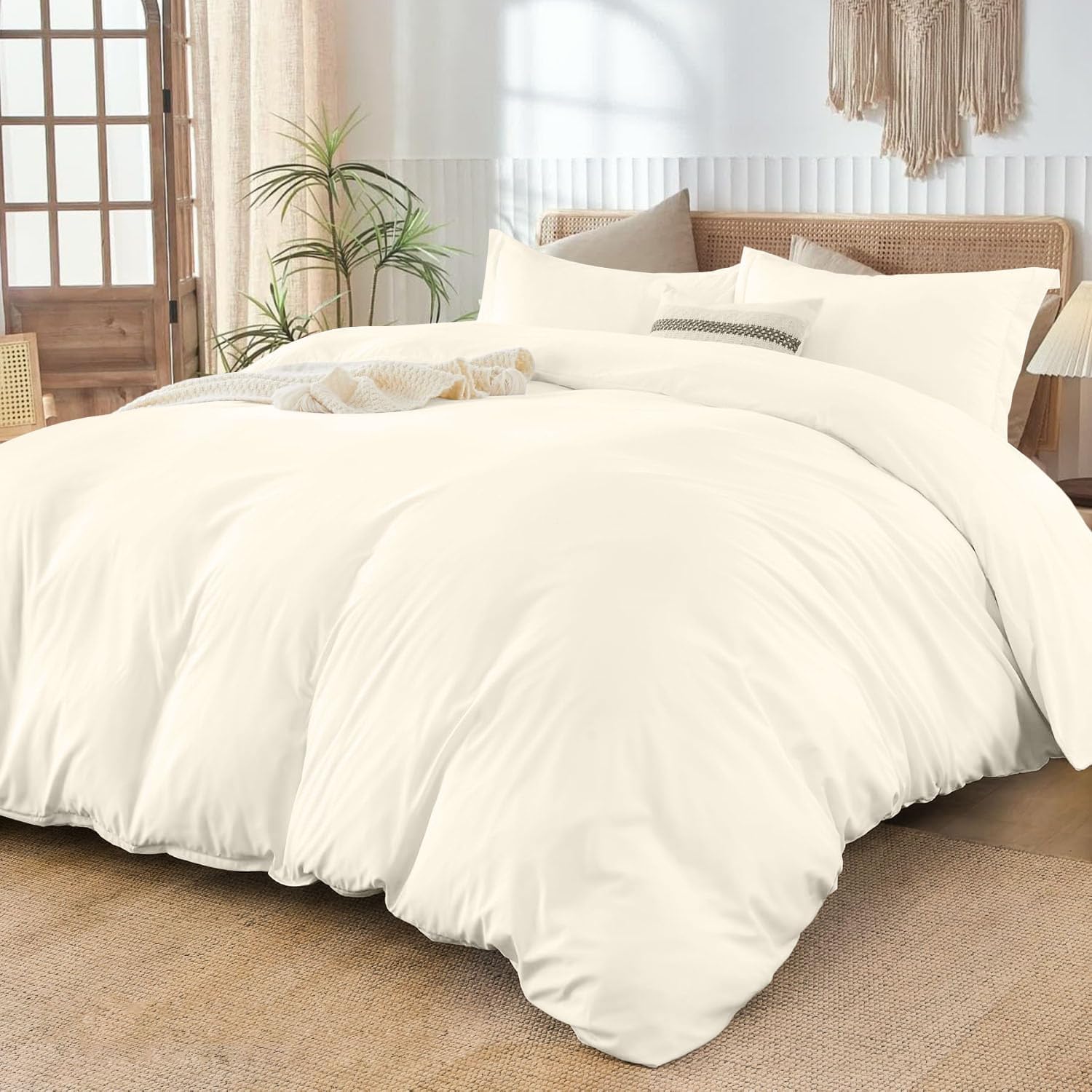 3-Sided Zipper Closure Duvet Cover – Easy On & Off Bedding, 500-TC Egyptian Cotton Duvet Cover Set Oversize Queen Size (98' x 98') Inches, (Ivory)