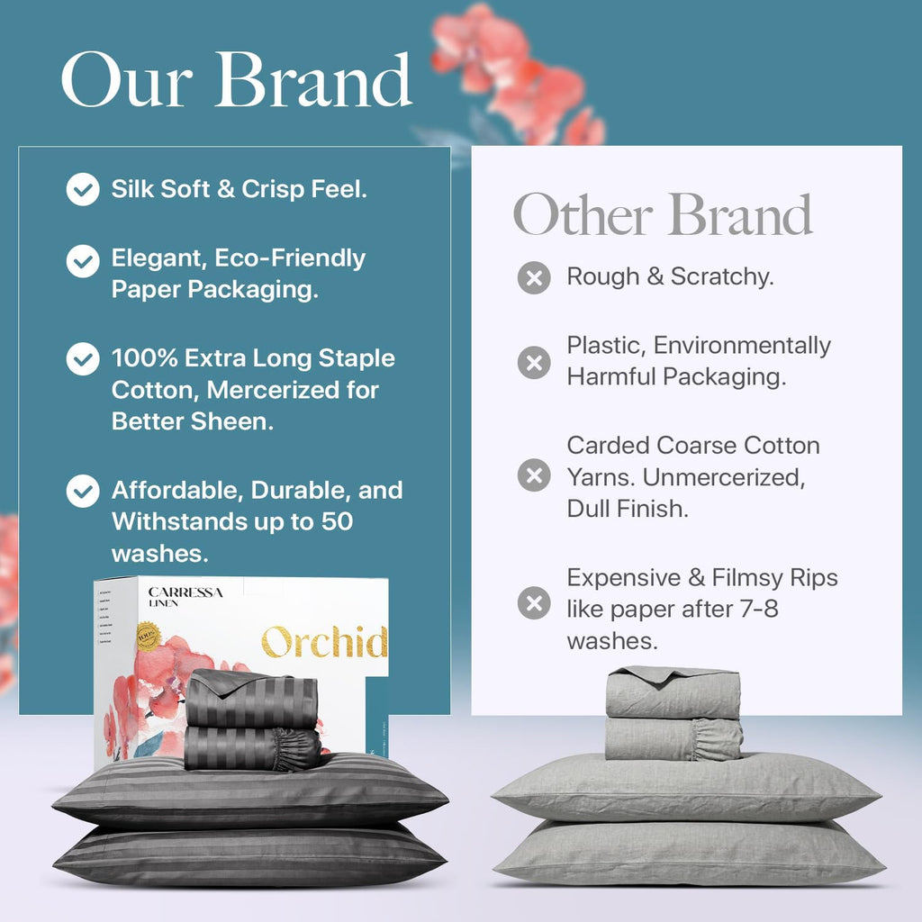 Carressa Linen 100% Egyptian Cotton Sheets Queen Size - Luxury 1000 Series Orchids Collection Damask Striped Queen Size Sheet Set (4 PC, Dark Grey Stripe), Soft Cooling & Durable 16' Hotel Sheets