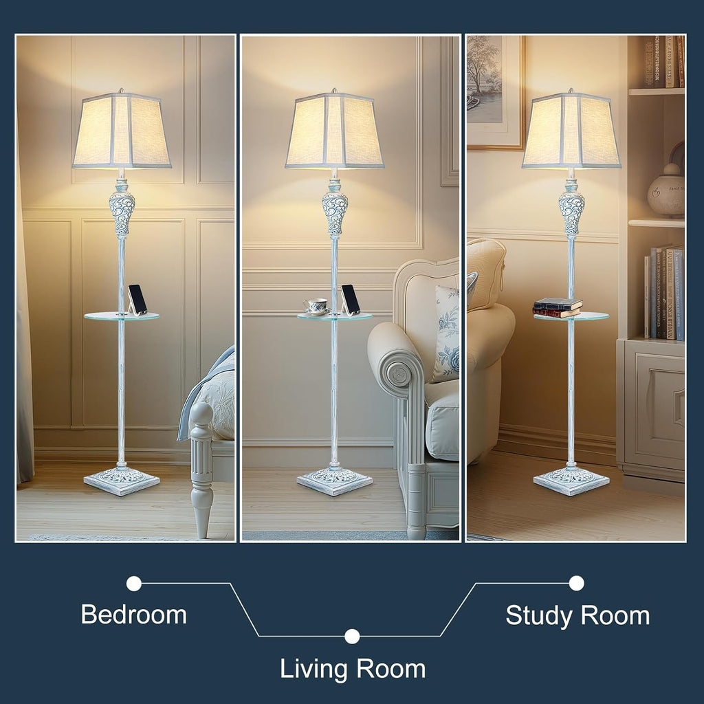 Vintage Floor Lamp with Night Light and Glass Tray, 65' High Retro Standing Lamp with Washed Blue Finish and White Linen Shade, Farmhouse Tall Lamp Decor for Living Room Bedroom House (Bulb Included)