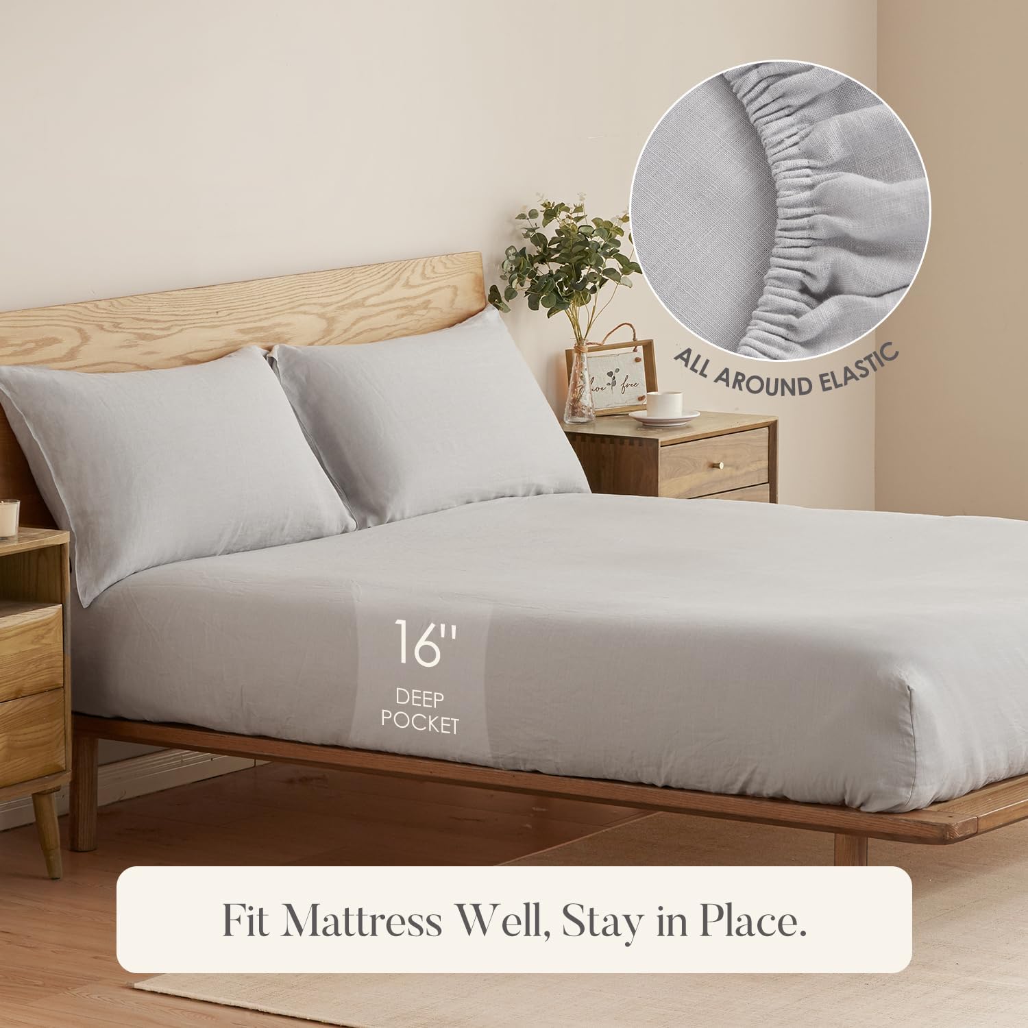 DAPU Pure Linen Sheets Set, 100% French Linen from Normandy, Breathable and Durable for Hot Sleepers, 4 Pcs Set - 1 Flat Sheet, 1 Fitted Sheet, 2 Pillowcases (Fog Gray, Queen)