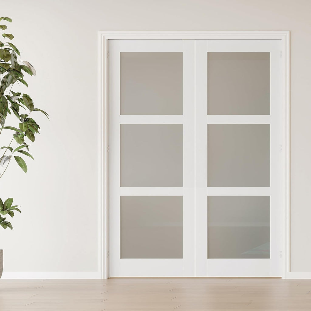 French Doors, 56'x80'Interior Double Doors with Jamb & Hardware Kit, 3-Lite Frosted Glass, Solid Core MDF for Bedroom, Laundry Room, Closet- Easy to Install