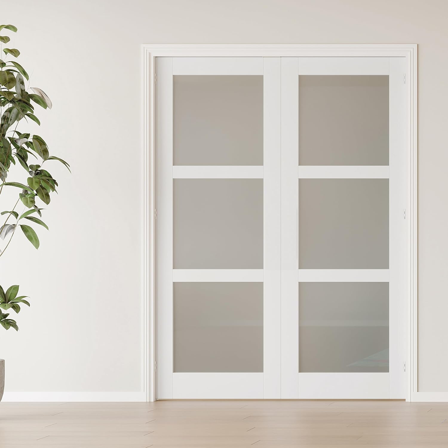 French Doors, 56'x80'Interior Double Doors with Jamb & Hardware Kit, 3-Lite Frosted Glass, Solid Core MDF for Bedroom, Laundry Room, Closet- Easy to Install