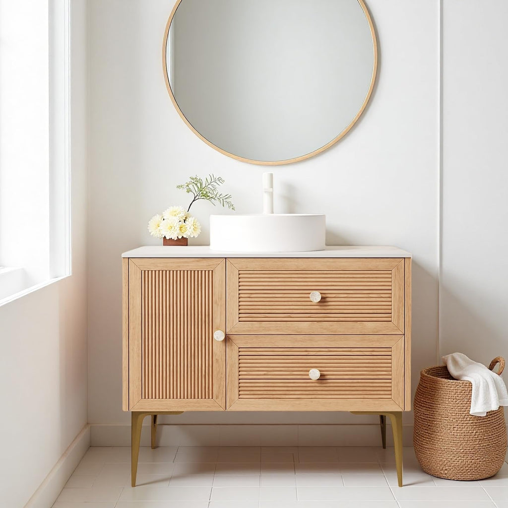 36' Bathroom Vanity with Sink, Plywood Storage Cabinet with 2 Drawers and Soft Close Door, 4 Metal Legs, Round White Ceramic Basin, Wooden Modern Bathroom Vanities, Pre-Assembled, Oak