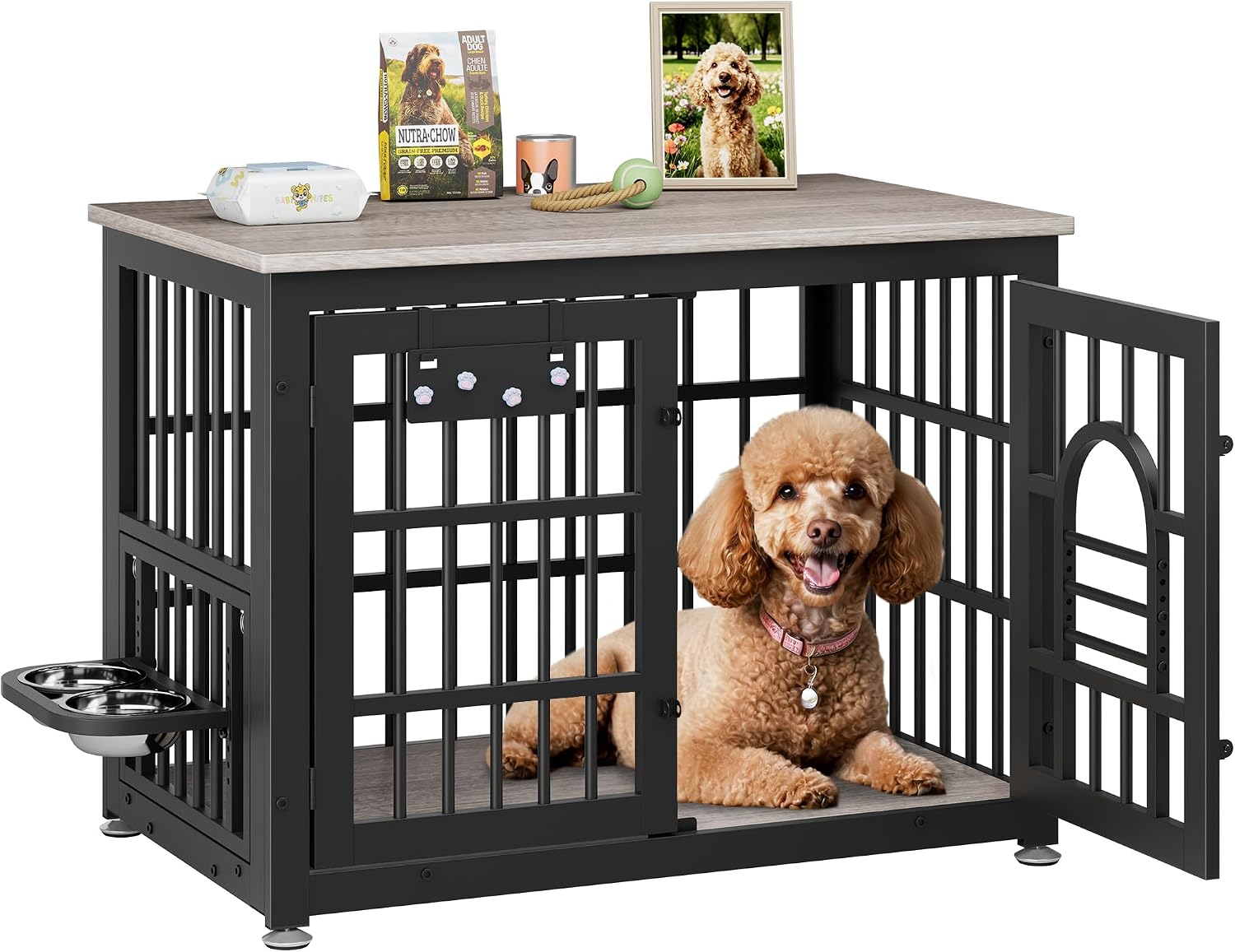 Lulive Dog Crate Furniture 37.8' Wooden Dog Kennel Table with Bowls Heavy Duty Dog Crates for Small/Medium/Large Dogs, Dog Kennel Furniture Indoor as TV Stand End Table,Grey