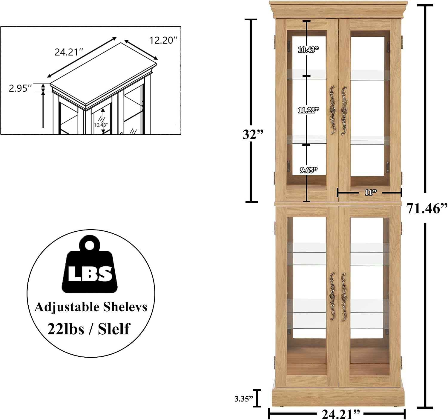 71' H Lighted Curio Cabinet Display Case, Glass Curio Cabinets with Adjustable Shelves and Tempered Glass Door, Wooden Cabinet w/Mirrored Back Pane for Living Room (Light Oak)