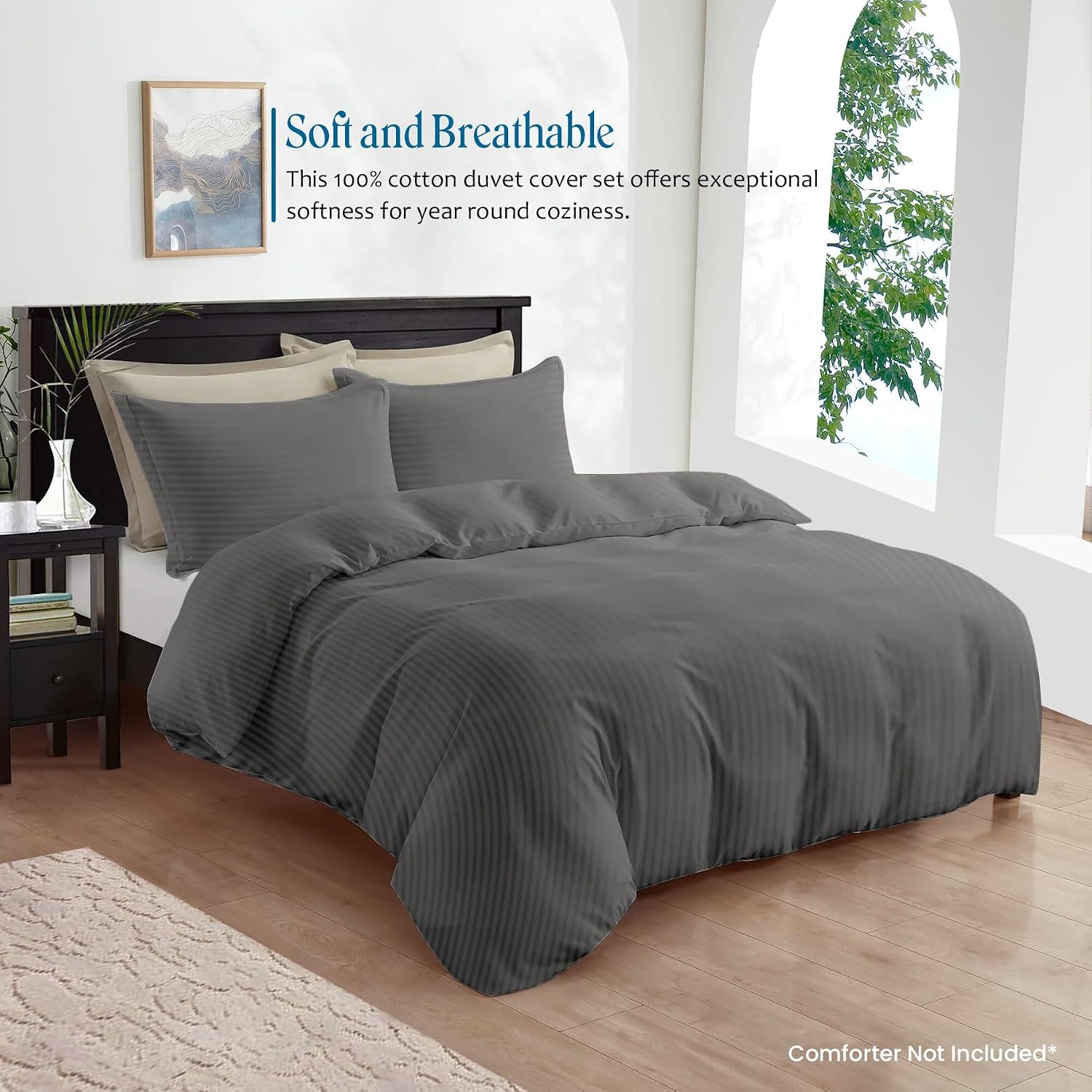 800TC 3 Sided Zipper Duvet Cover Set Soft Egyptian Cotton 3 Sided Zipper Closure, 3 PCS 1-Duvet Cover & 2- Pillow Shams - Oversize Queen Size (98' x 98') Inches, (Dark Grey Stripe)