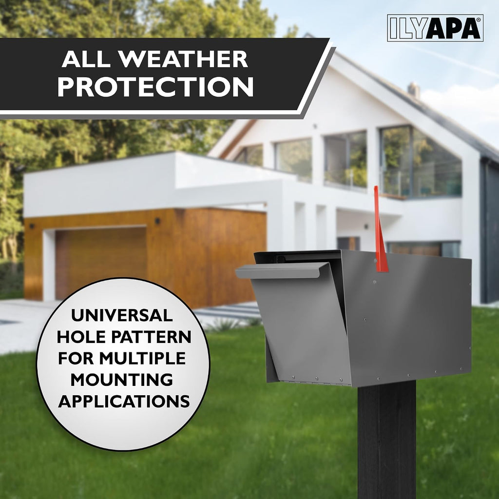 Ilyapa Modern Gray Steel Post Mount Mailbox & Dual Black Metal Mailbox Post - Waterproof, Parcel-Ready, All-Weather Durable for Outdoor Use, Universal Mount