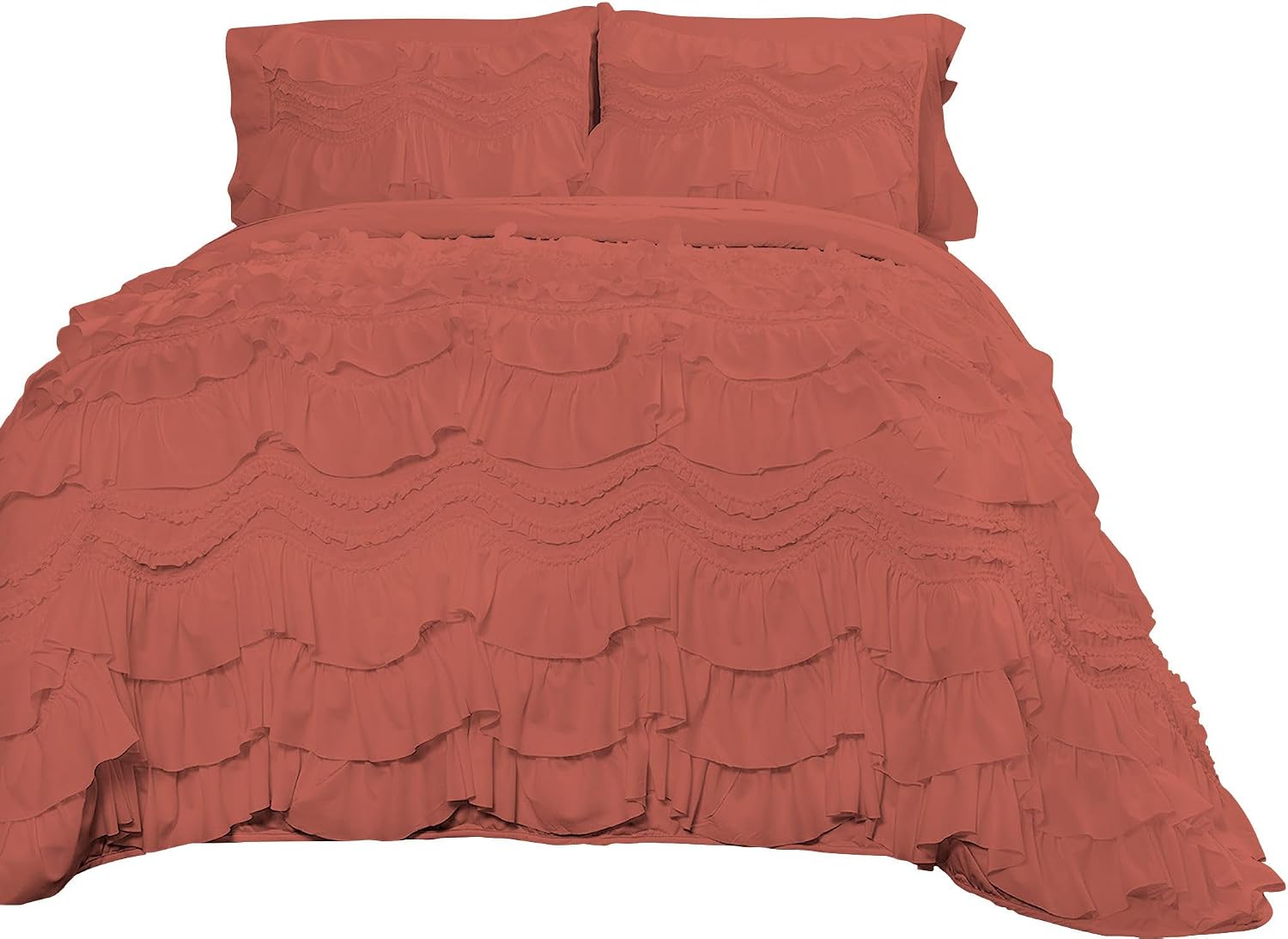 100% Egyptian Cotton, 550 GSM Microfiber Filled Quilt Ruffled Textured 3 Piece Full/Queen Size Comforter Set, Brick Red