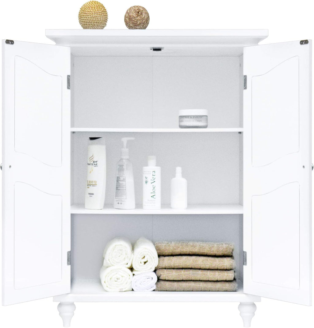 Teamson Home Versailles Wooden Freestanding Floor Storage Cabinet with 2 Adjustable Interior Shelves 3 Storage Spaces and 2 Floral Scroll Doors, White