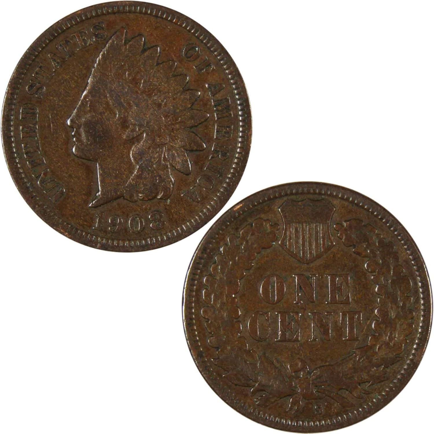 1908 S Indian Head Cent F Fine Penny 1c Coin