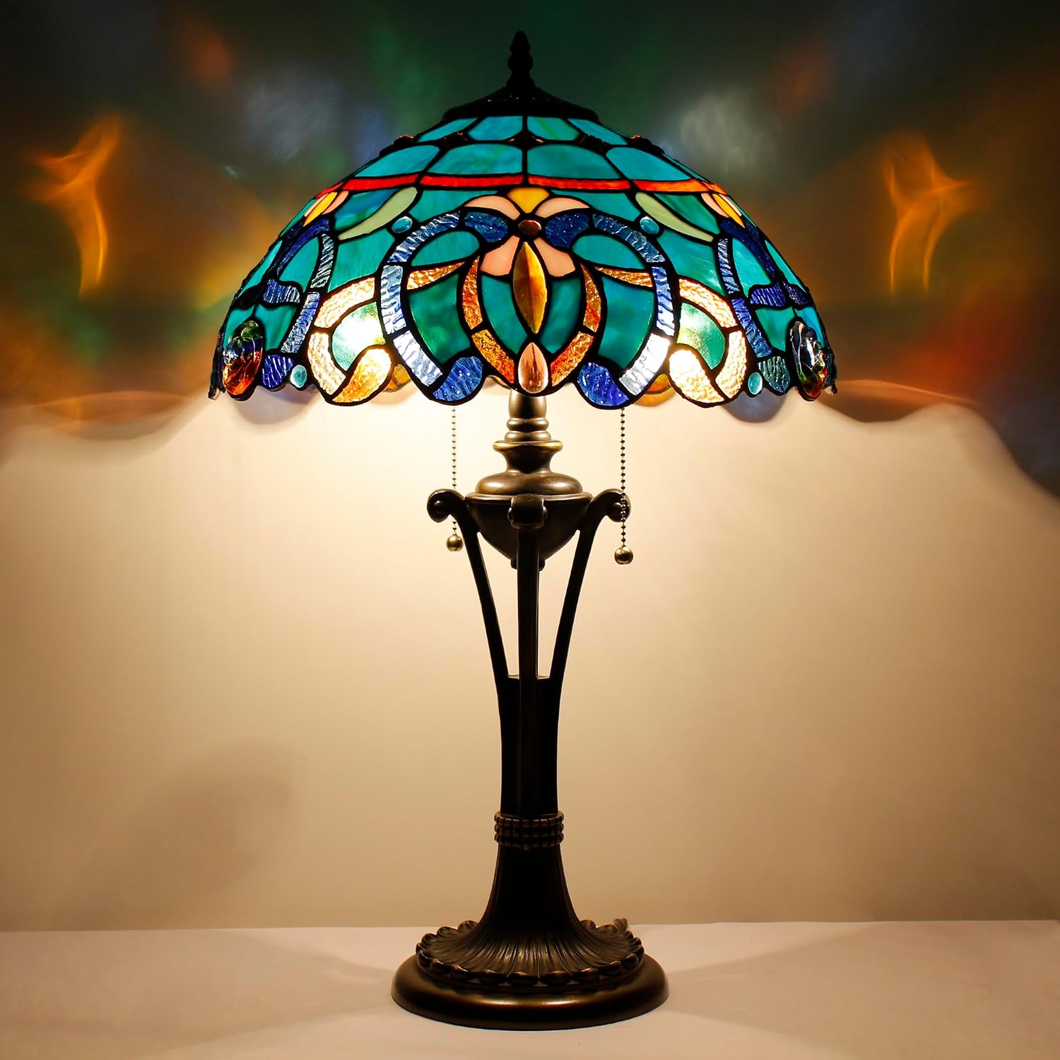 Tiffany Table Lamp 24 Inch Stained Glass Desk Lamp Blue Green Baroque Reading Light for Bedroom Living Room Bedside Nightstand