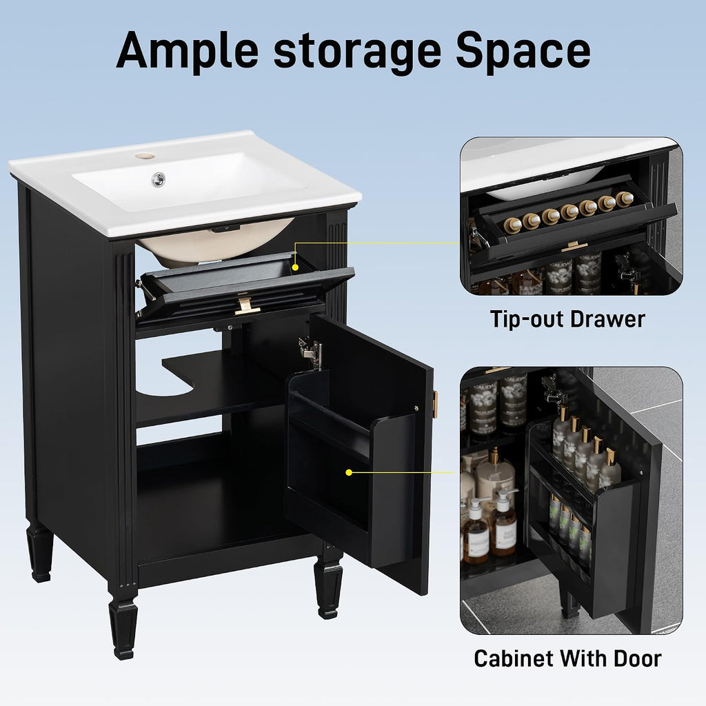 Harper & Bright Designs 20' Bathroom Vanity with Sink, Free Standing Vanity Set with Tip-Out Drawer, Storage Racks, and Adjustable Shelf, Wood Bathroom Cabinet with Ceramic Basin for Bathroom, Black