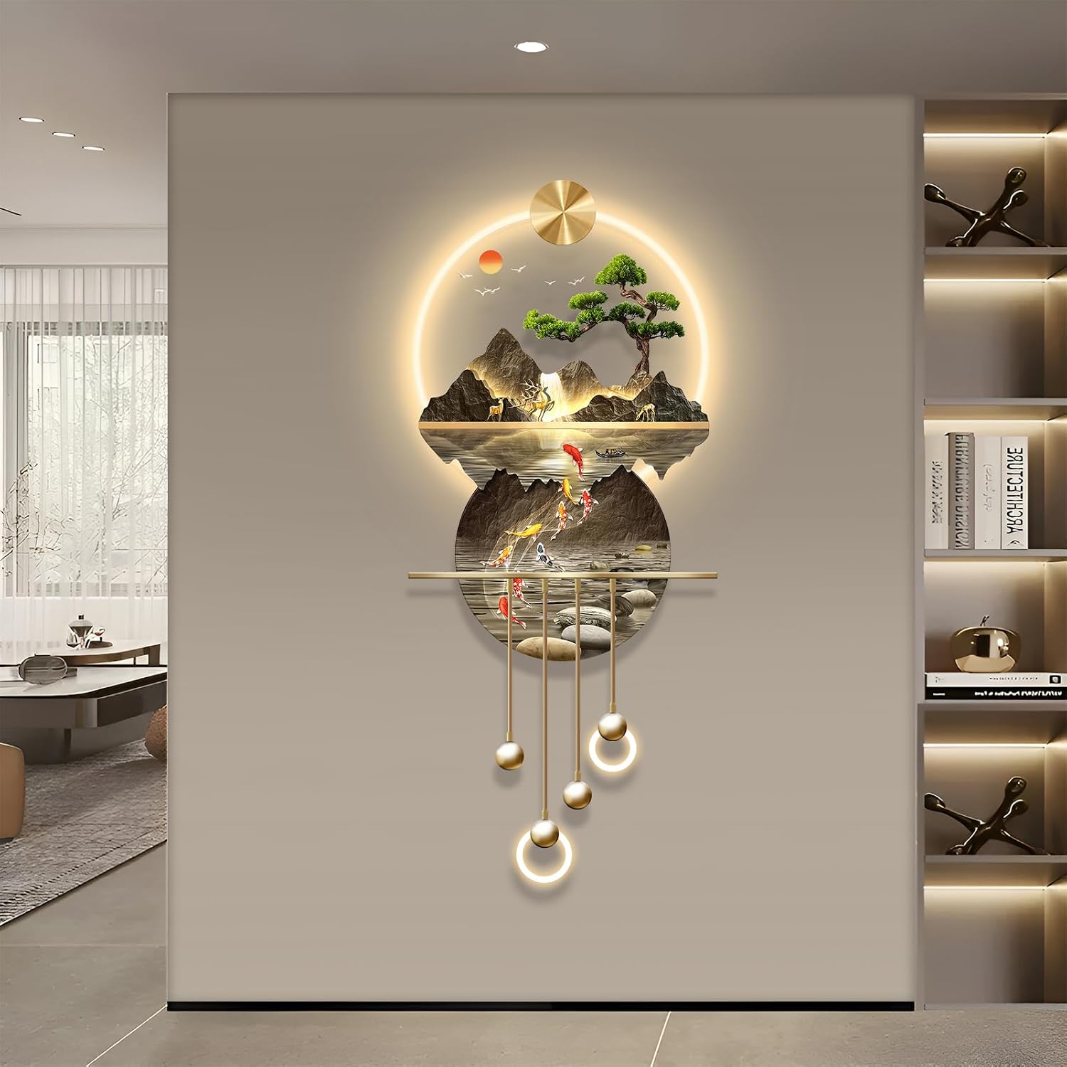 LED Light Decor Wall Art, 3D Art Wall Decor with Light, Decors Walls Sculptures Large 3D Art, Decors Walls Sculptures Lighting Modern, Plug-in Power Supply, Gold T, 23x53IN