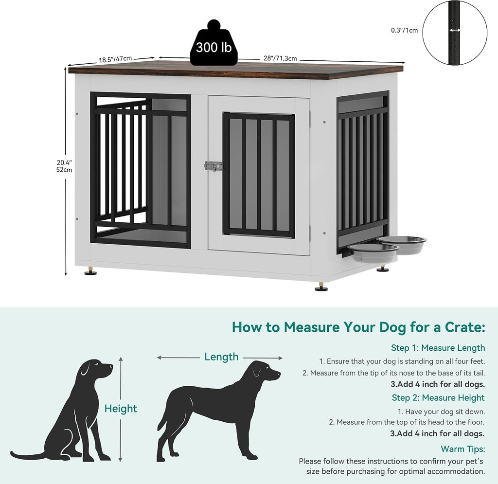 YITAHOME 28' Dog Crate Furniture, Wooden Side End Table with Adjustable Feet and Removable Bowls, Dog Kennel Indoor for Small Dogs