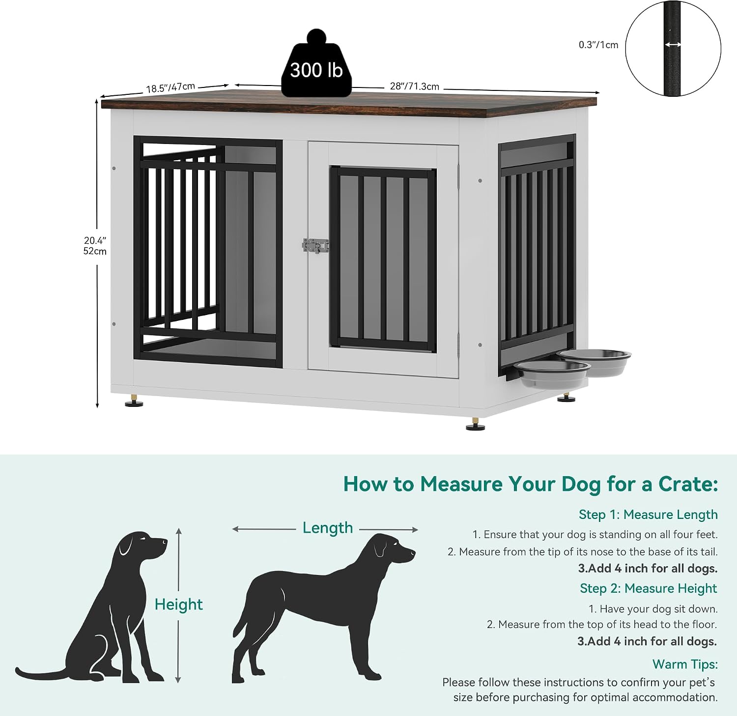 YITAHOME 28' Dog Crate Furniture, Wooden Side End Table with Adjustable Feet and Removable Bowls, Dog Kennel Indoor for Small Dogs