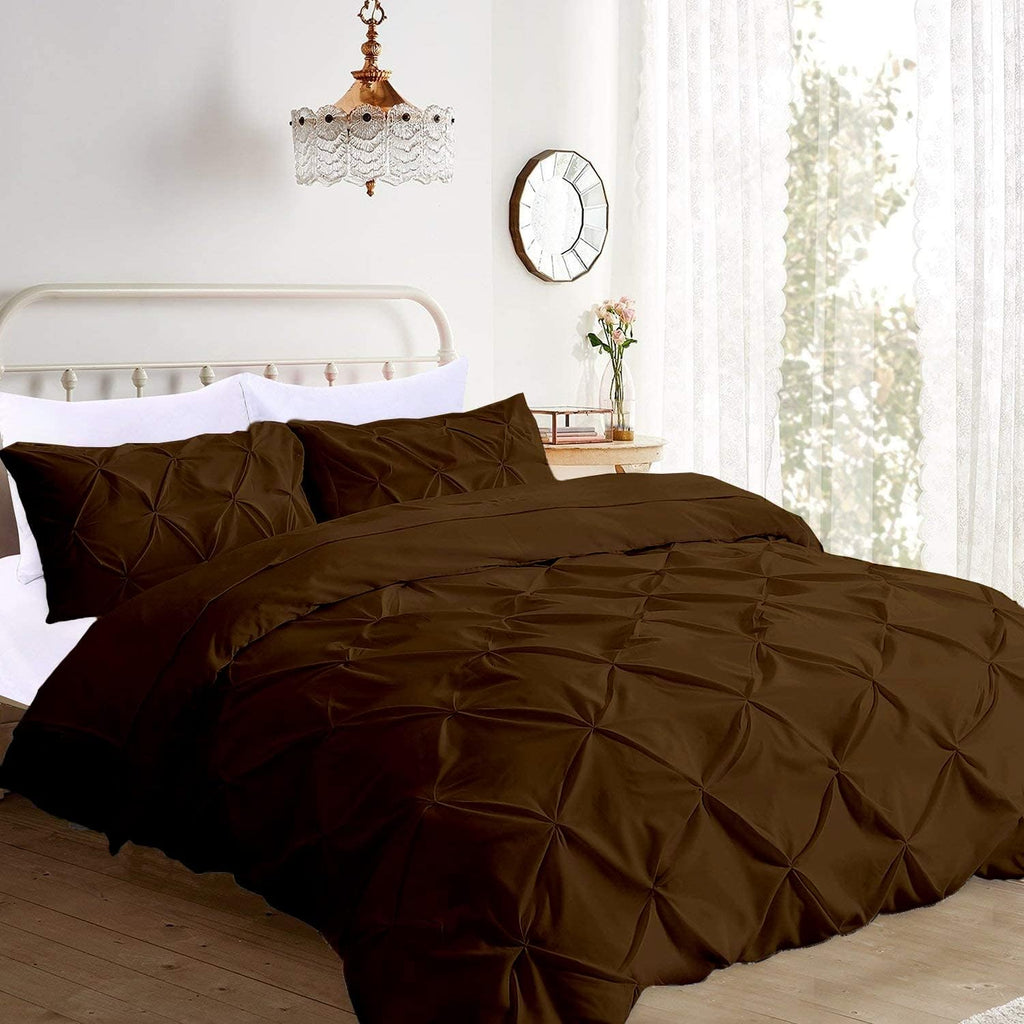 Pinch Pleated 3pc Duvet Cover Set 100% Egyptian Cotton 1000-TC Zipper & Corner Ties Rectangle Pattern Decorative Pintuck (All Queen 90x90 Size, Chocolate)