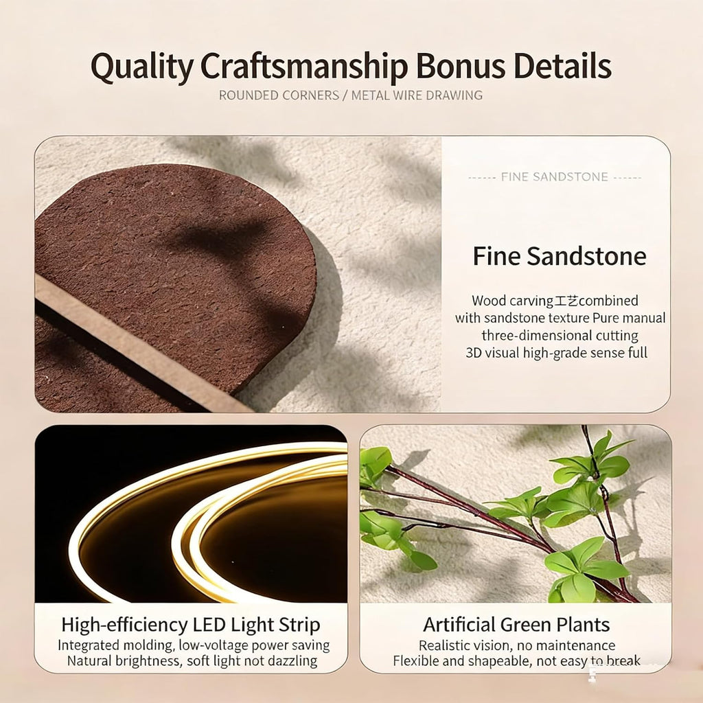 JVQONSD Sandstone Modern Wall Sculpture,3D Art Wall Decor With Led Lights,Neutral Textured Painting Decoration,Wall Hanging Art With A Vase,Plug-In Power Supply For Corridor/Home (Entrance)/Indoor
