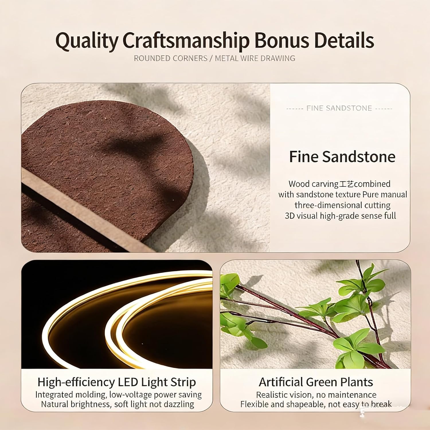 JVQONSD Sandstone Modern Wall Sculpture,3D Art Wall Decor With Led Lights,Neutral Textured Painting Decoration,Wall Hanging Art With A Vase,Plug-In Power Supply For Corridor/Home (Entrance)/Indoor