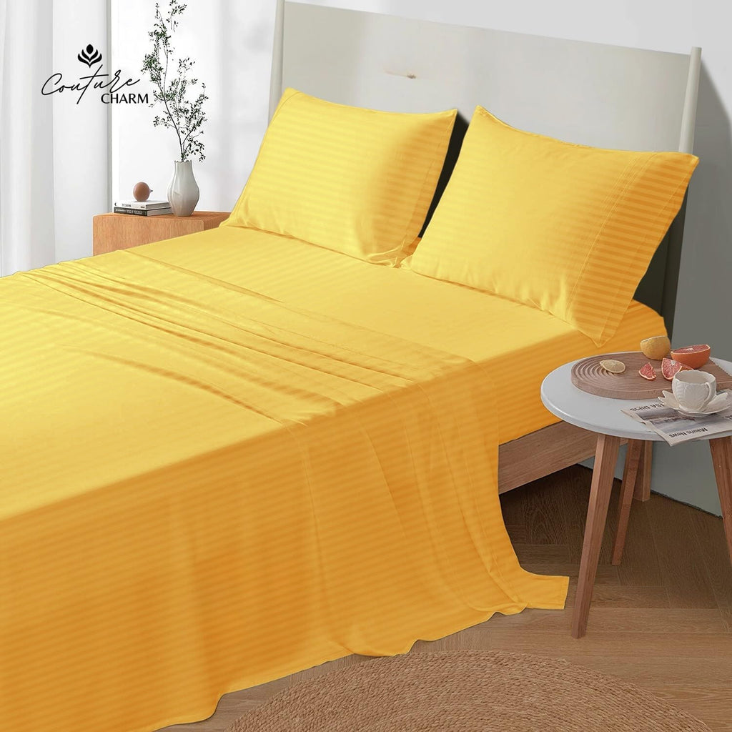 Queen Size 1000 Thread Count 100% Egyptian Cotton Sheet Set, 4-Piece, Sateen Weave with 10-12' Deep Pocket, Snug Fit (Stripe, Gold)