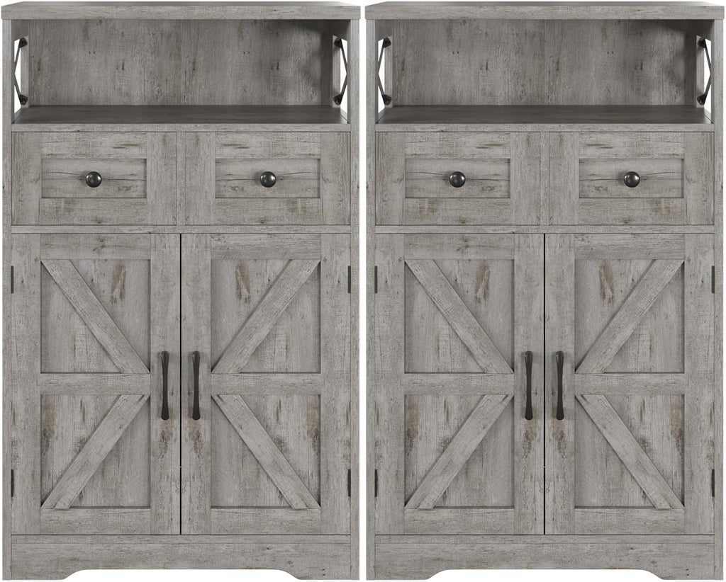Befrases Set of 2 Farmhouse Storage Cabinet with Drawers and Adjustable Shelves, Freestanding Kitchen Pantry Storage Cabinet, Floor Storage Cupboard for Dining Living Room Home Office, Washed Grey
