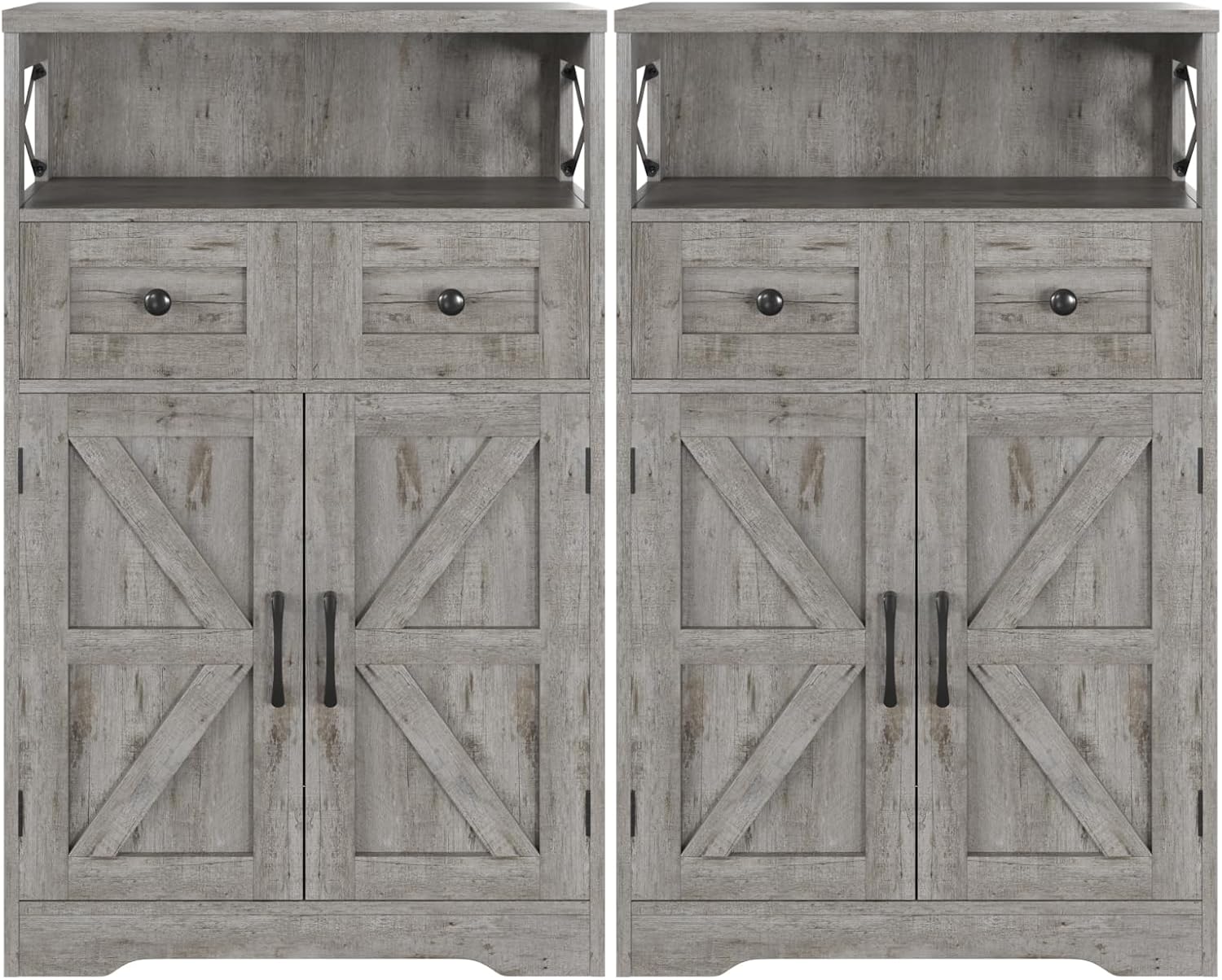 Befrases Set of 2 Farmhouse Storage Cabinet with Drawers and Adjustable Shelves, Freestanding Kitchen Pantry Storage Cabinet, Floor Storage Cupboard for Dining Living Room Home Office, Washed Grey