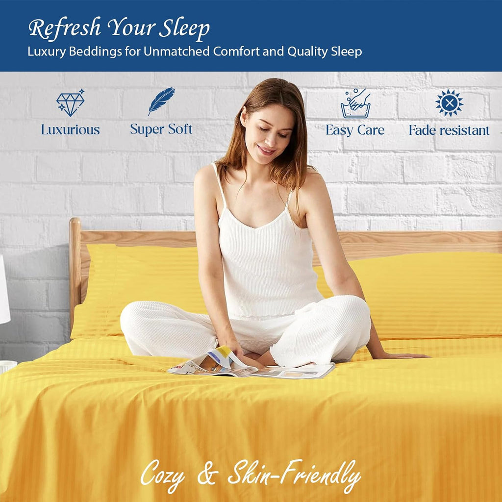 Luxury 1800 Thread Count Heavy Egyptian Cotton 4-PCs Sheet Set Fits Mattress 21-24'' Fully Elastic Deep Pocket (Queen Size) (Stripe, Gold)