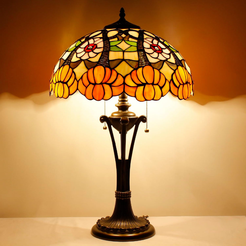 Tiffany Table Lamp 24 Inch Orange Flower Stained Glass Desk Lamp Reading Light for Bedroom Living Room Bedside Nightstand