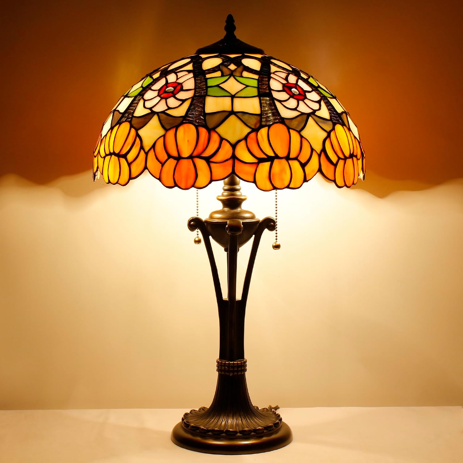 Tiffany Table Lamp 24 Inch Orange Flower Stained Glass Desk Lamp Reading Light for Bedroom Living Room Bedside Nightstand