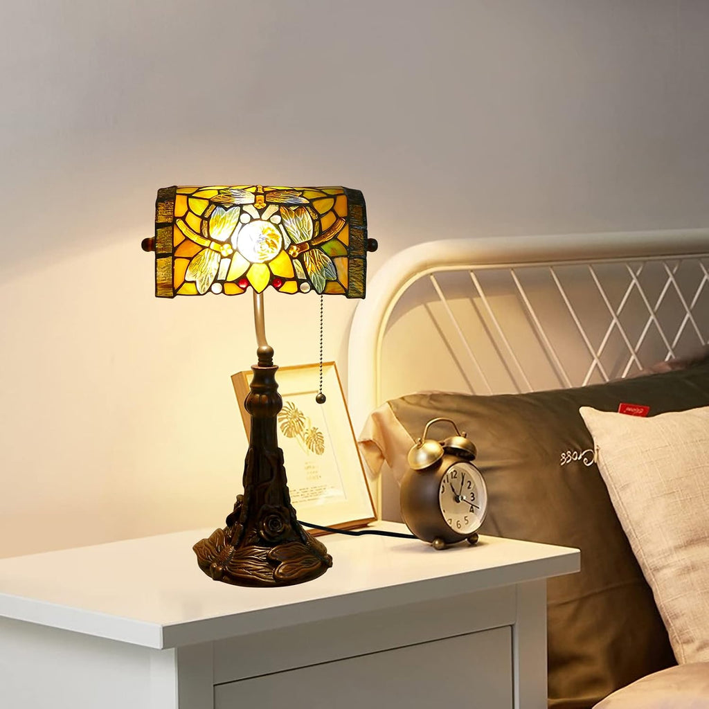 Rose Flower Dragonfly Bankers Lamp Antique Desk Lamps Stained Glass Banker Table Lamp with Pull Chain, Vintage Desk Lamp for Home Office, with Color Changing LED Bulb