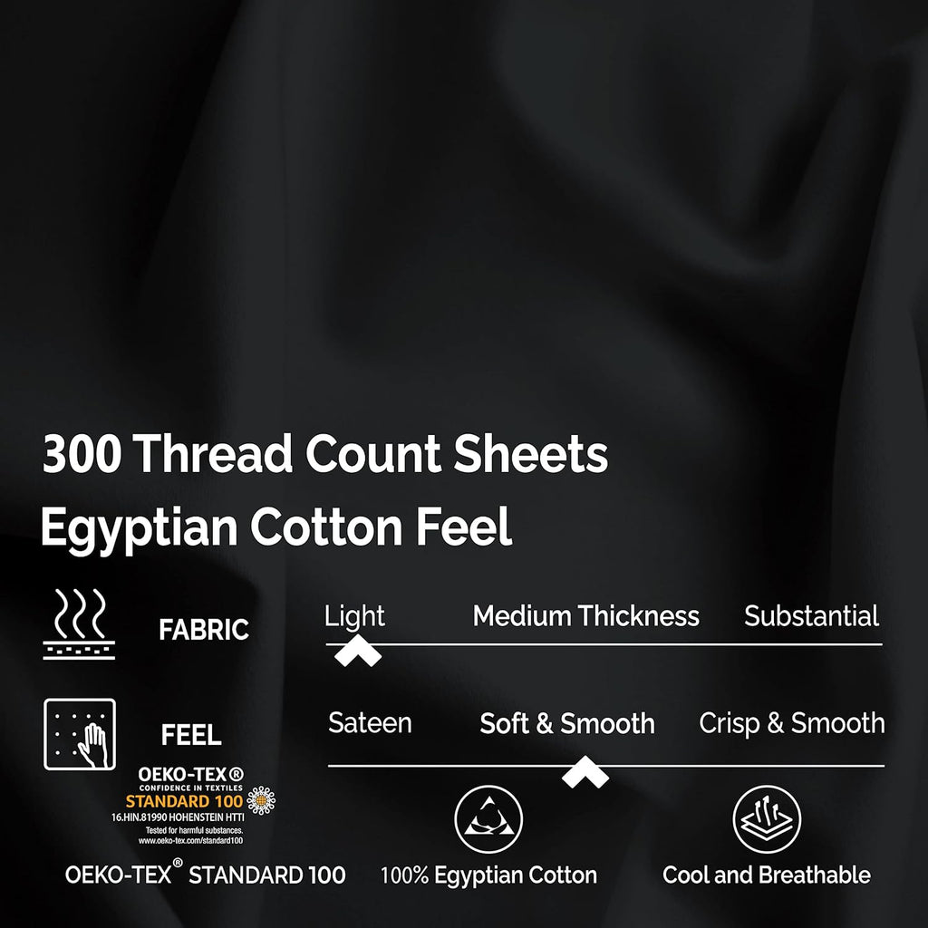 Superior 300 Thread Count Egyptian Cotton Sheet Set, 2 Fitted Sheets, Flat Sheet, 2 Pillowcases, Split King, Black