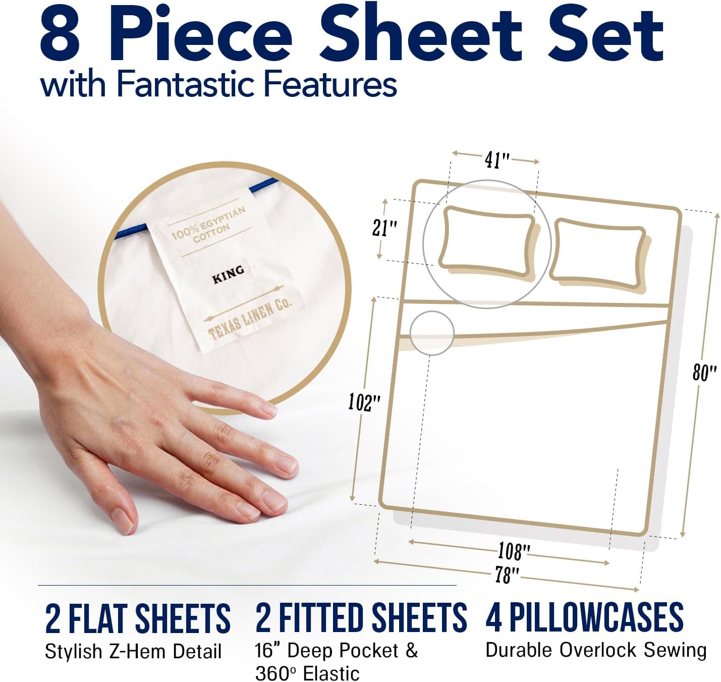TEXAS LINEN CO. 100% Egyptian Cotton Sheets King Size Set of 2 - Luxury 1000 Series Lonestar Lovin' Collection Egyptian Cotton King Sheet Set (8 PC, White), Soft, Cooling, 16' Deep Pocket Bed Sheet