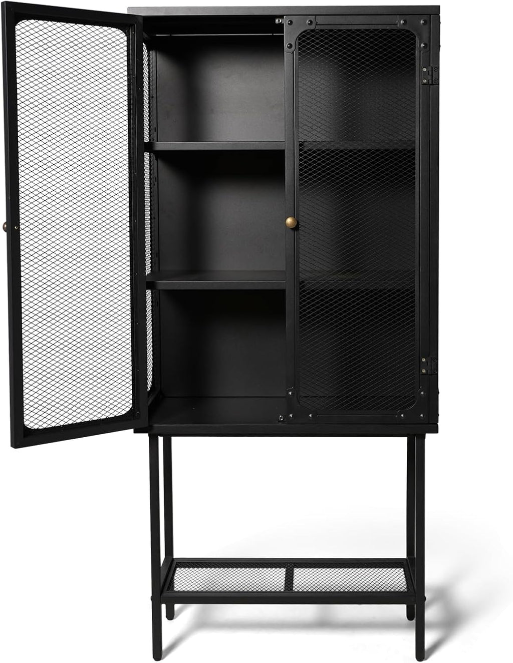 LOKKHAN Industrial Metal Display Cabinet, Black Mesh Door Storage Unit with Retro Handles, 59.1 x 27 x 12.6 Inch Tall Standing Shelving, Magnetic Holders, Adjustable Feet